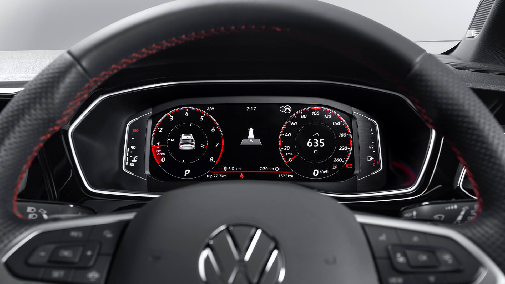 Volkswagen Taigun digital instrument cluster with red stitched steering