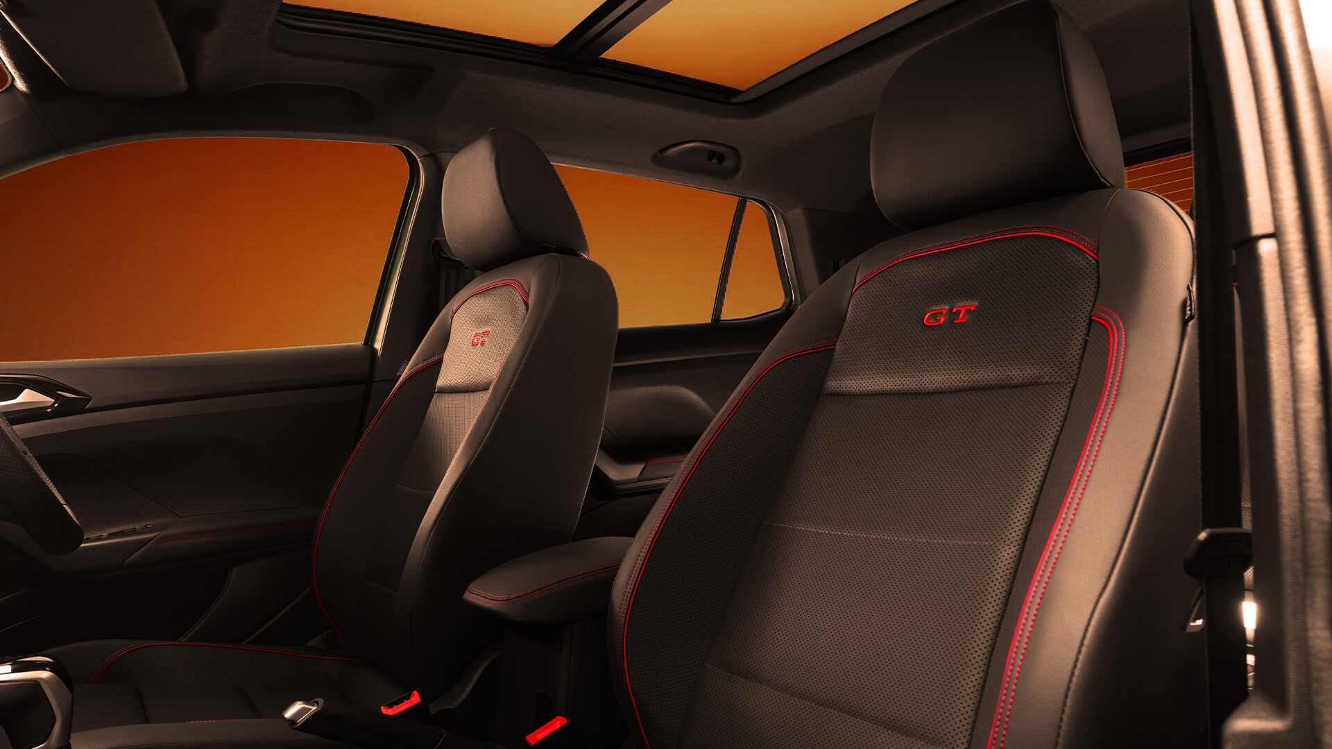 Volkswagen Taigun GT front seats with red stitching