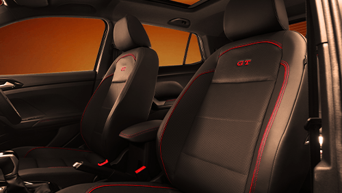 Volkswagen Taigun GT front seats with red stitching
