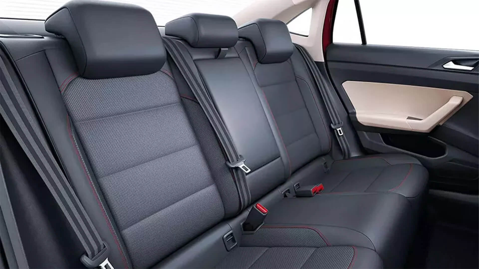 Volkswagen Virtus rear seat with black leatherette and red stitching