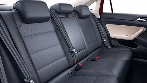 Volkswagen Virtus rear seat with black leatherette and red stitching